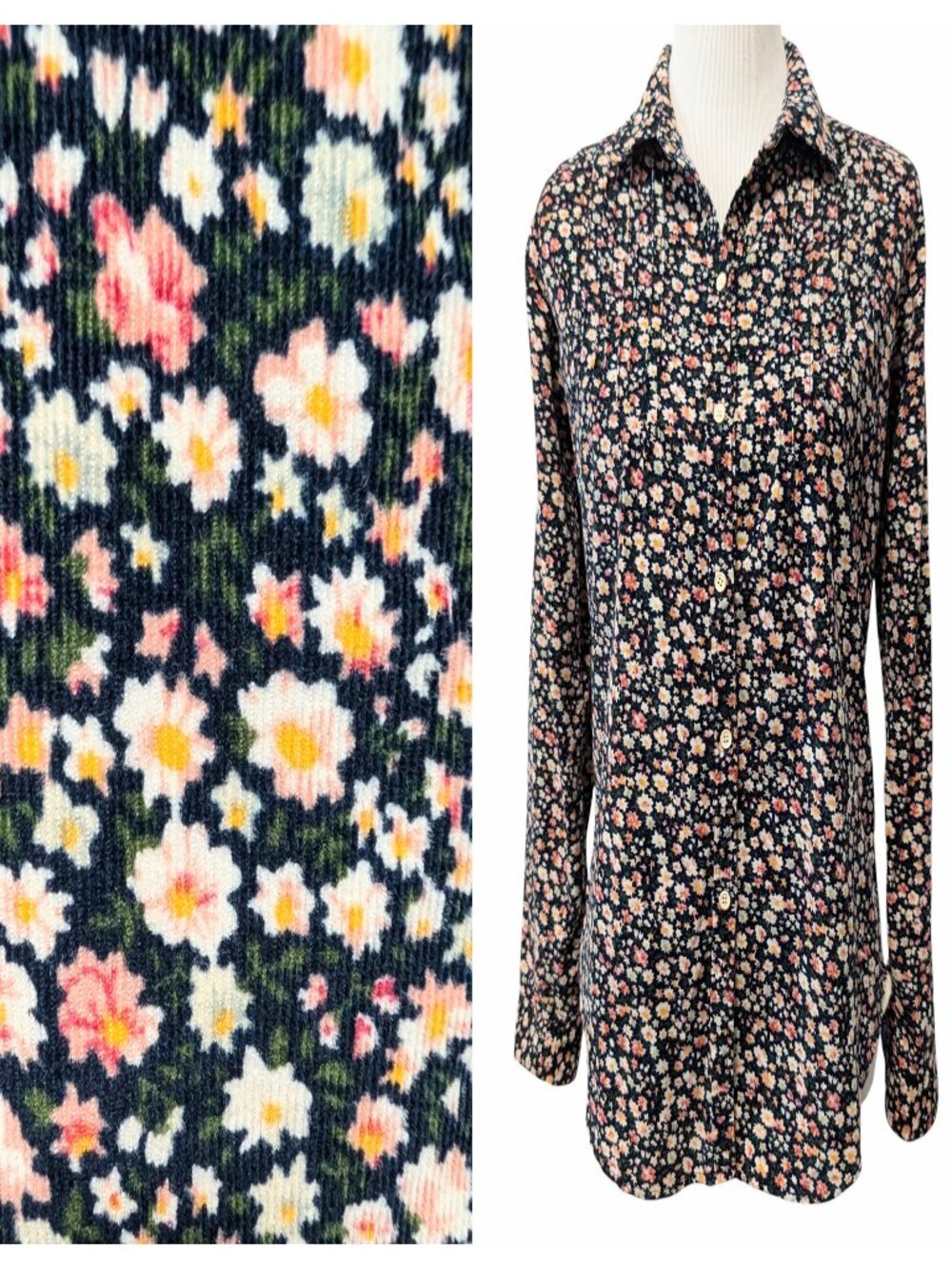 Birds Of Paradis Trovata Womens Sz XS Black Floral Micro Corduroy Button L/S Top